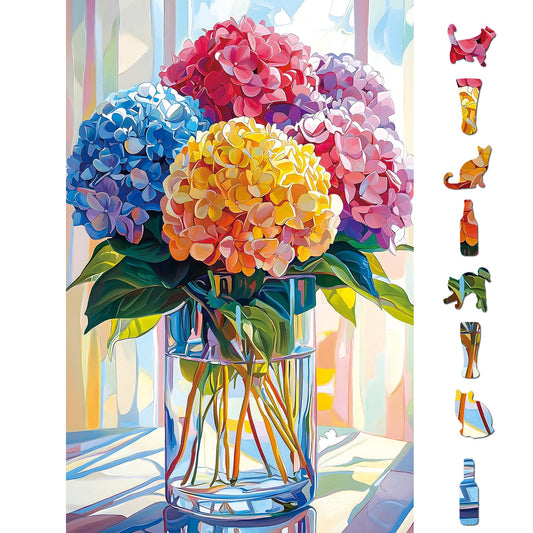 Blueforest 500-piece hydrangeas puzzle shows colorful blooms for relaxing downtime and family bonding.