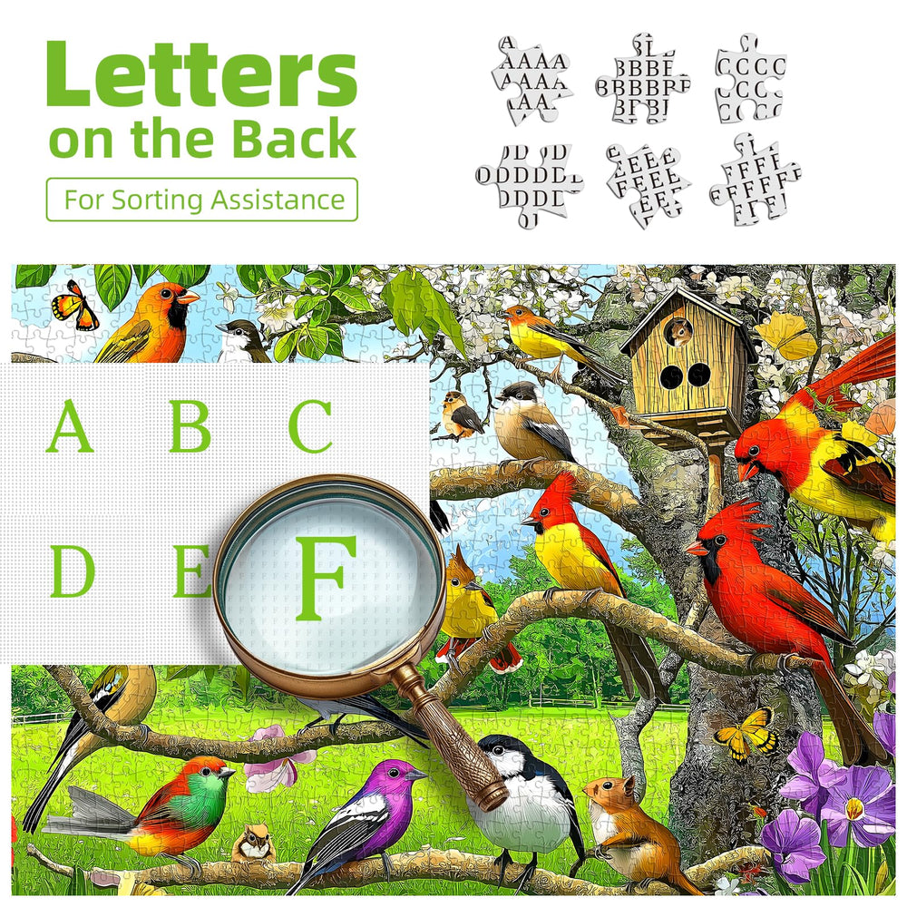 Blueforest Birds of Spring completed puzzle shown as wall art with colorful birds.