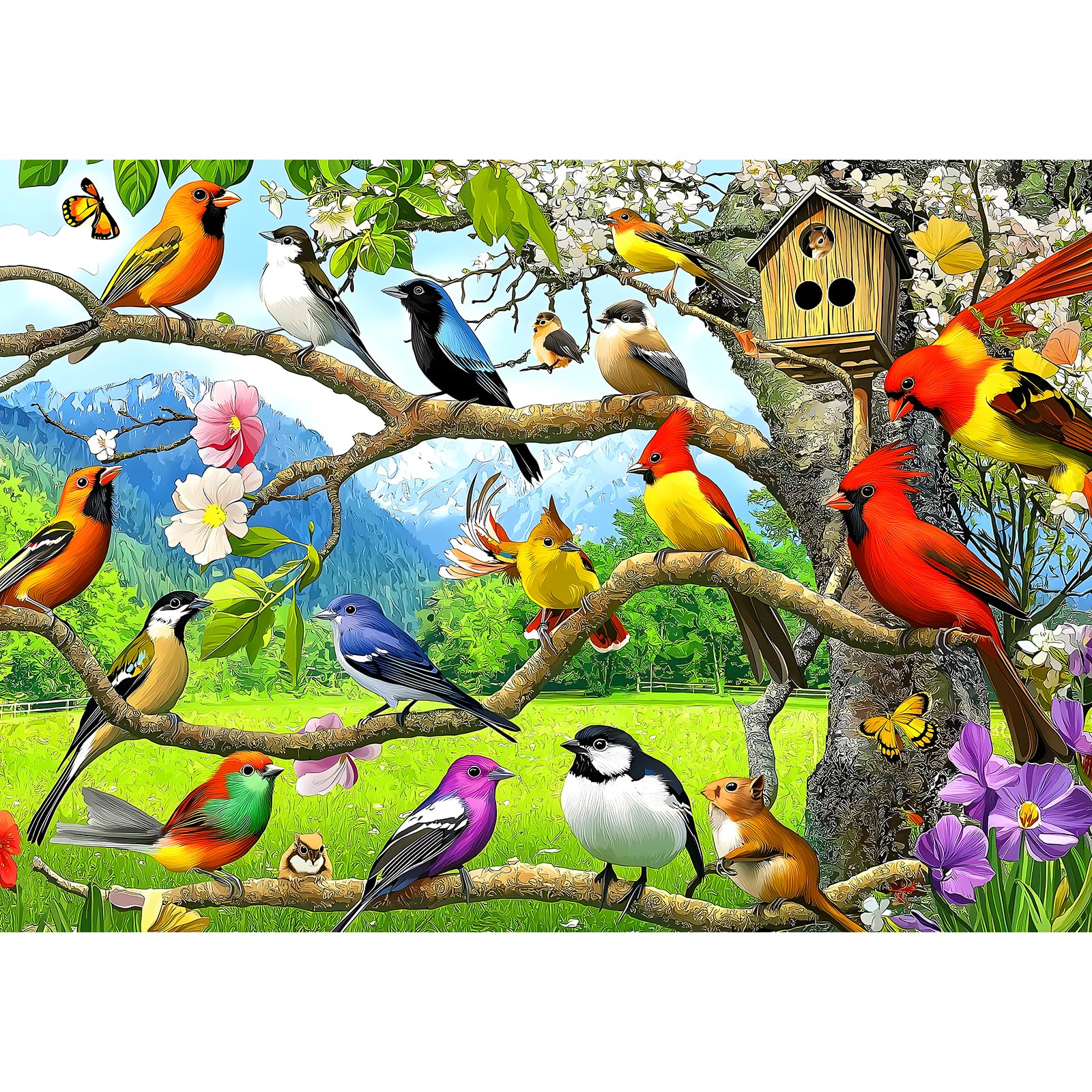 Blueforest Birds of Spring puzzle cover with vibrant songbirds on branches for calming focus.