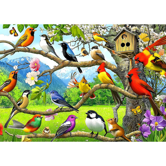Blueforest Birds of Spring puzzle cover with vibrant songbirds on branches for calming focus.