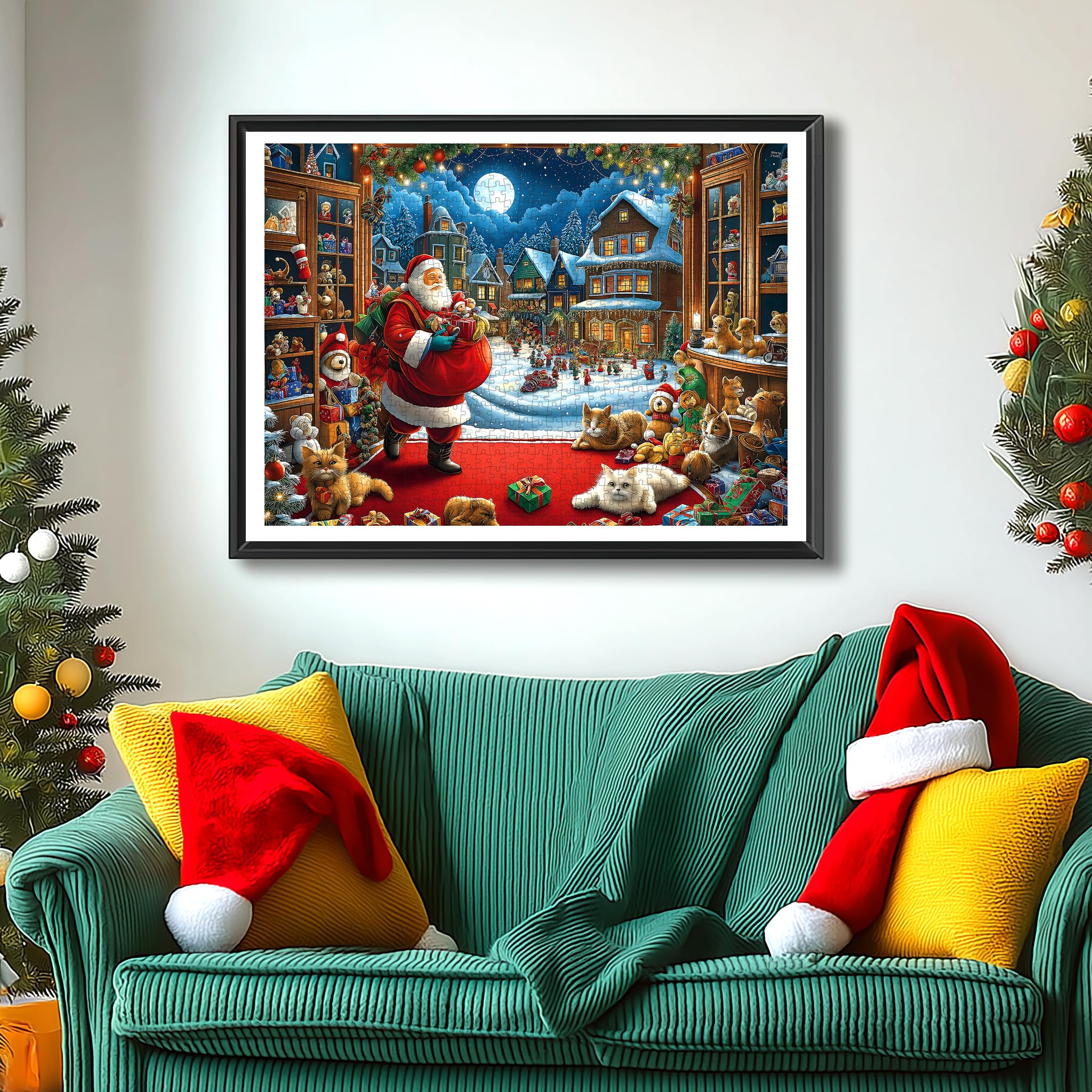 Blueforest cats playing among gifts add charm to the holiday scene.