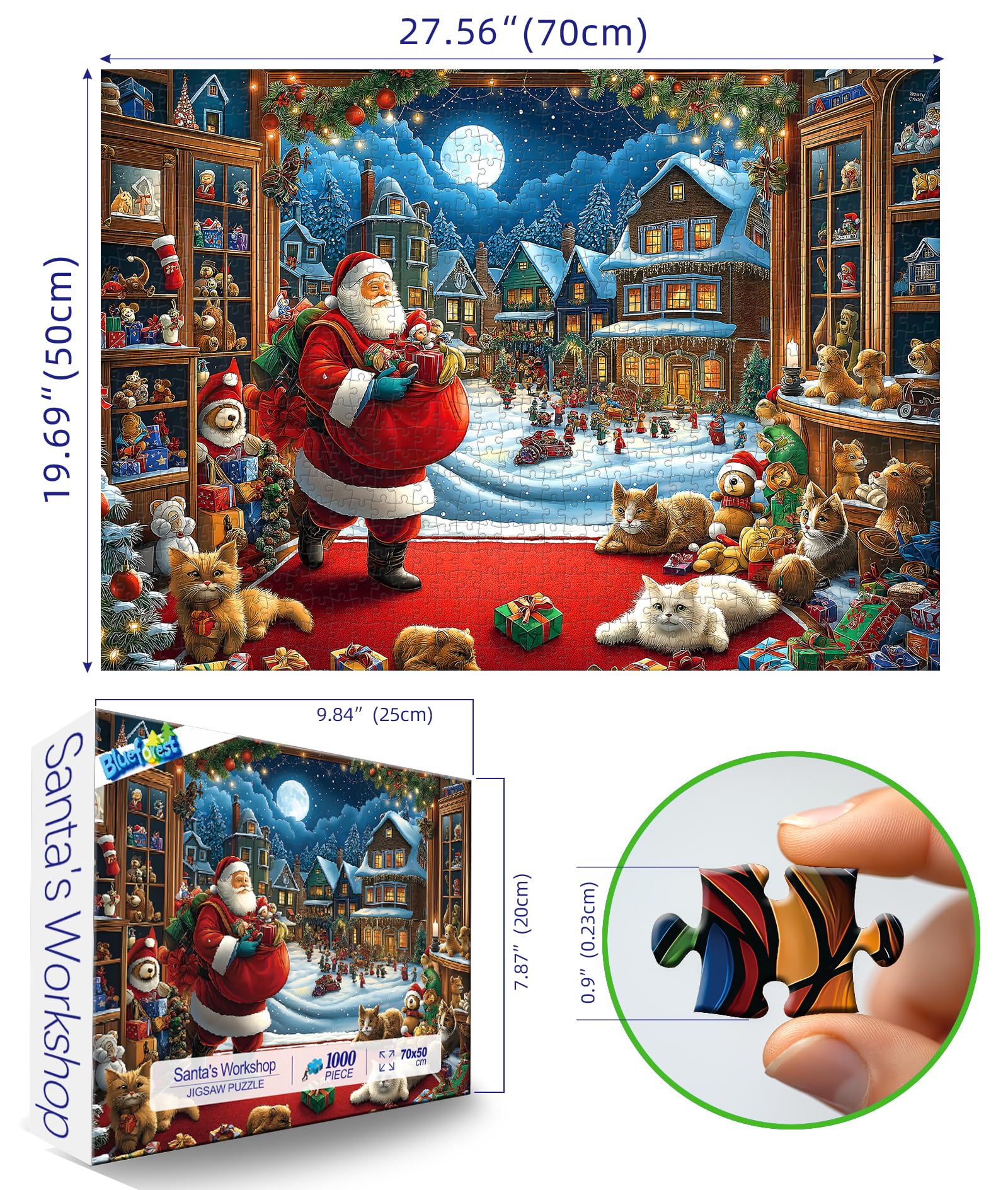 Blueforest 1000-piece puzzle: snowy village under a full moon, ideal for mindful downtime.