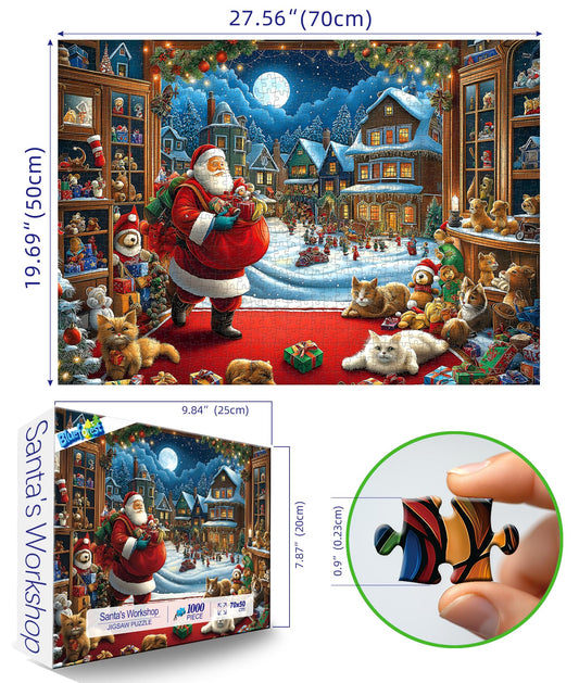 Blueforest 1000-piece puzzle: snowy village under a full moon, ideal for mindful downtime.