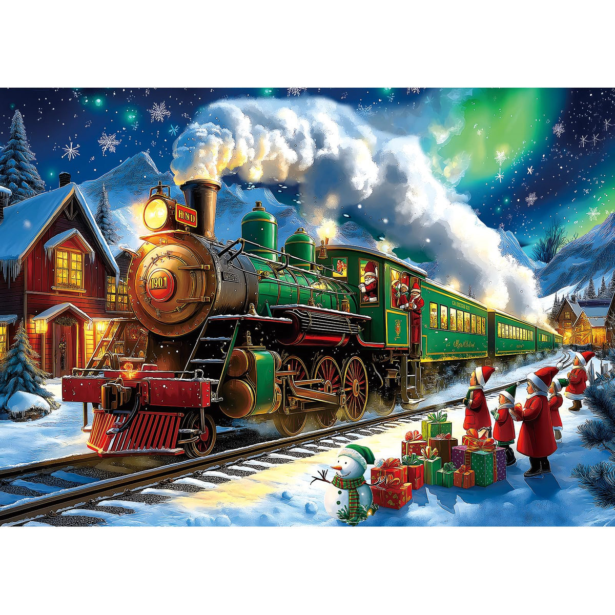 Blueforest Christmas puzzle aurora Santa train scene for cozy evenings.