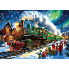 Blueforest Christmas puzzle aurora Santa train scene for cozy evenings.