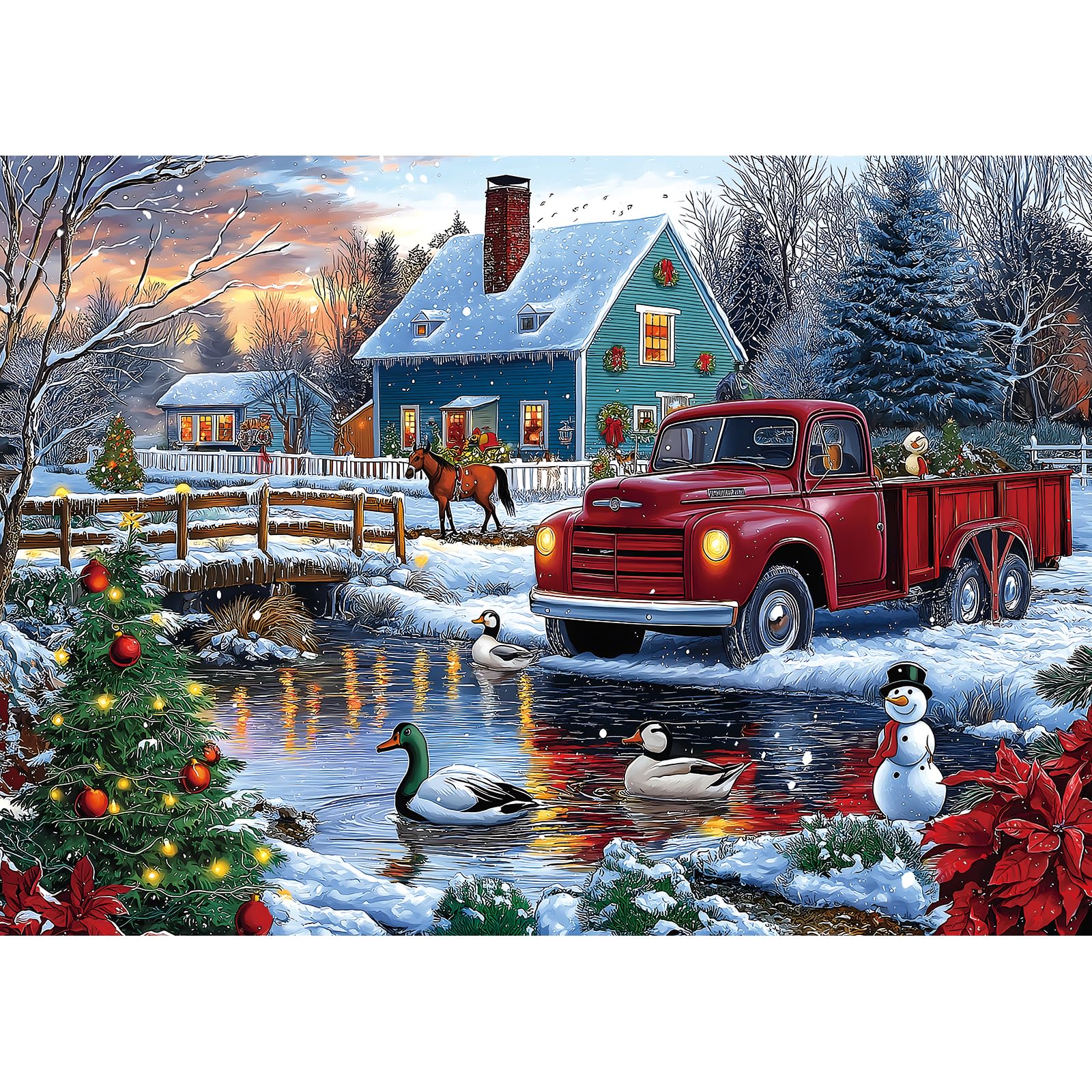 Blueforest Christmas Winter Scene Puzzle features a vintage red truck for cozy family puzzle nights.