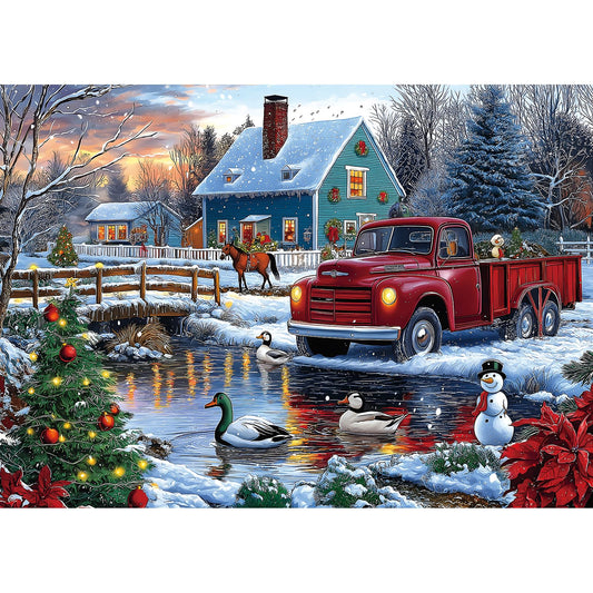 Blueforest Christmas Winter Scene Puzzle features a vintage red truck for cozy family puzzle nights.