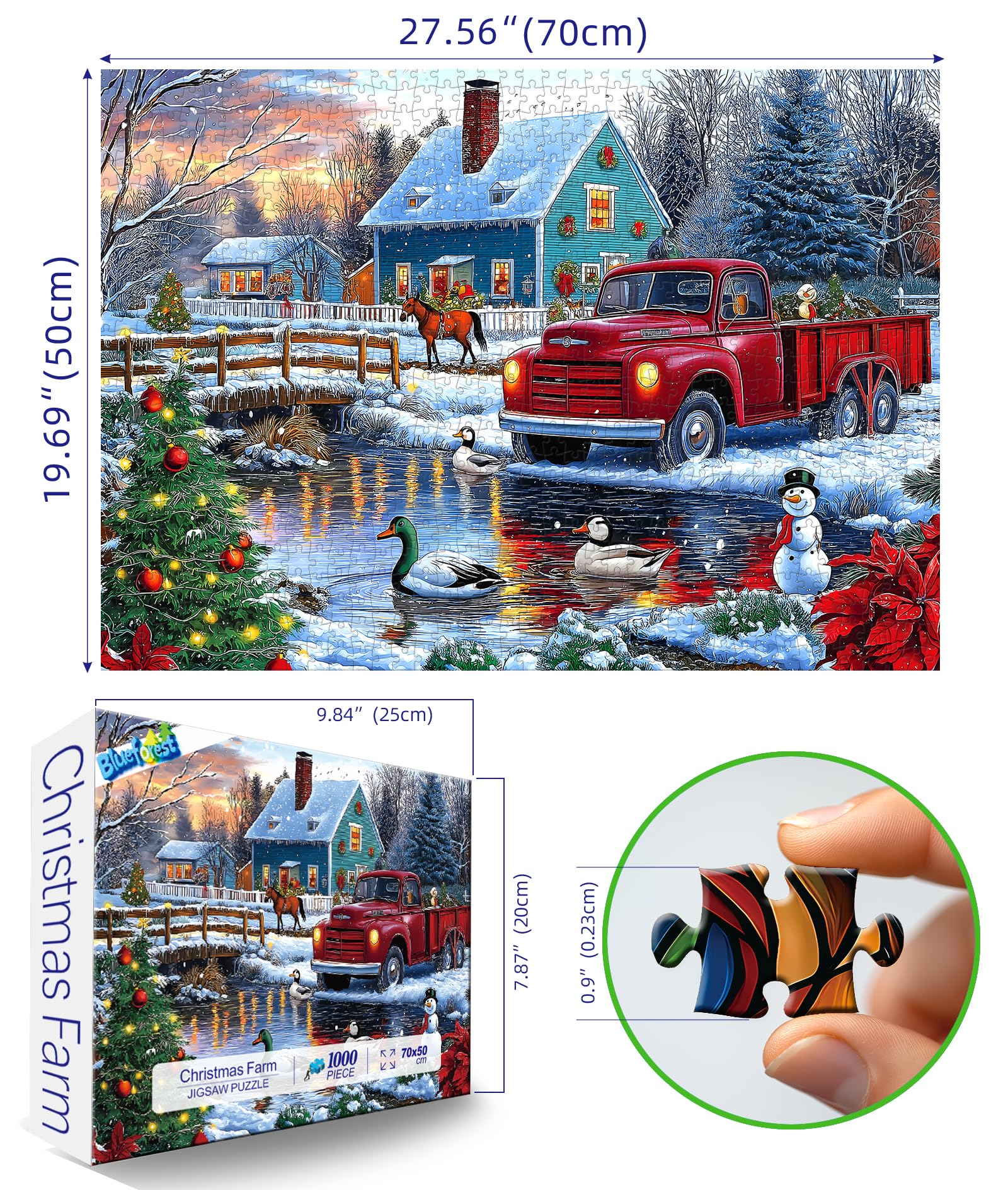 Blueforest Christmas Winter Scene Puzzle highlights a snow-draped farmhouse with festive details.