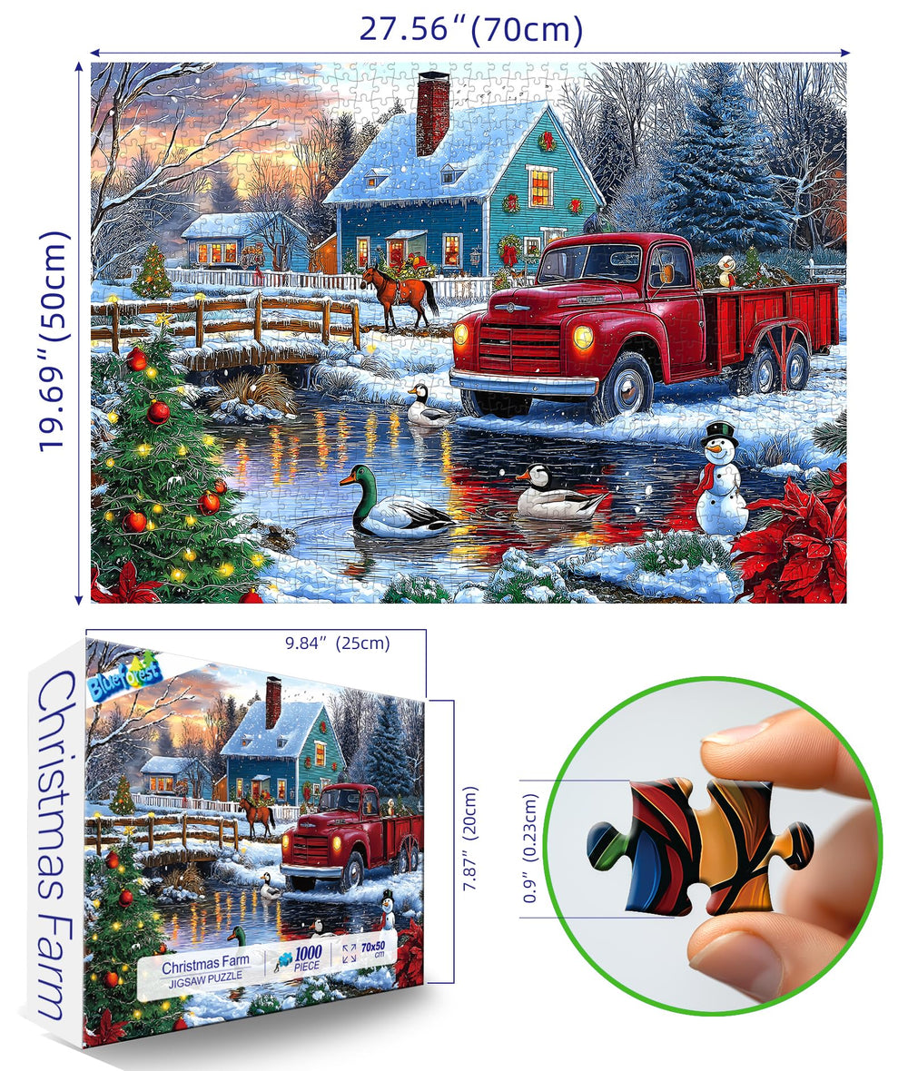 Blueforest Christmas Winter Scene Puzzle highlights a snow-draped farmhouse with festive details.