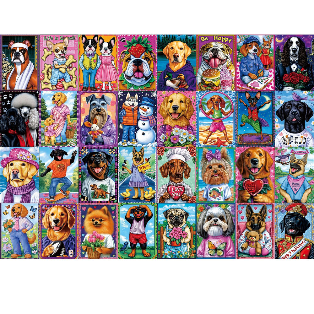 Blueforest dog collage puzzle front box with vibrant artwork for gifting appeal.