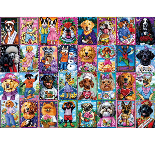 Blueforest dog collage puzzle front box with vibrant artwork for gifting appeal.