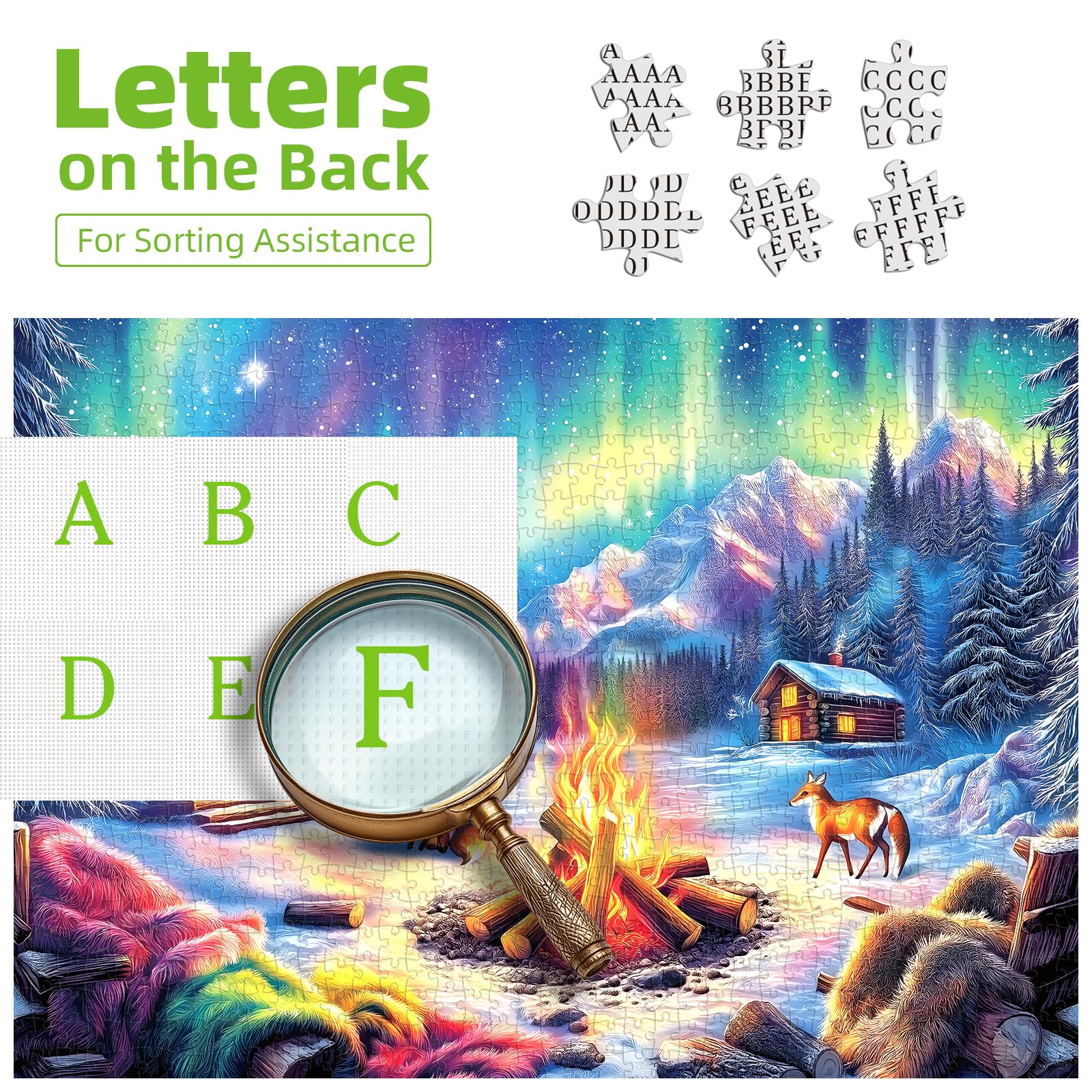 Blueforest embossed snow finish puzzle with log cabins and wildlife.
