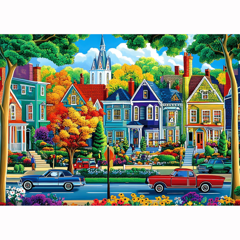 Blueforest Fall City Puzzle box front view, vibrant autumn colors for family game night