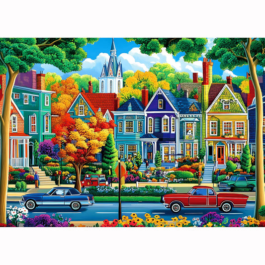 Blueforest Fall City Puzzle box front view, vibrant autumn colors for family game night