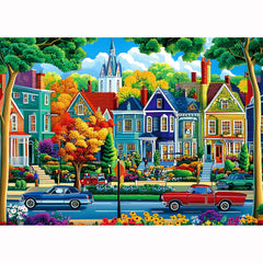 Blueforest Fall City Puzzle box front view, vibrant autumn colors for family game night