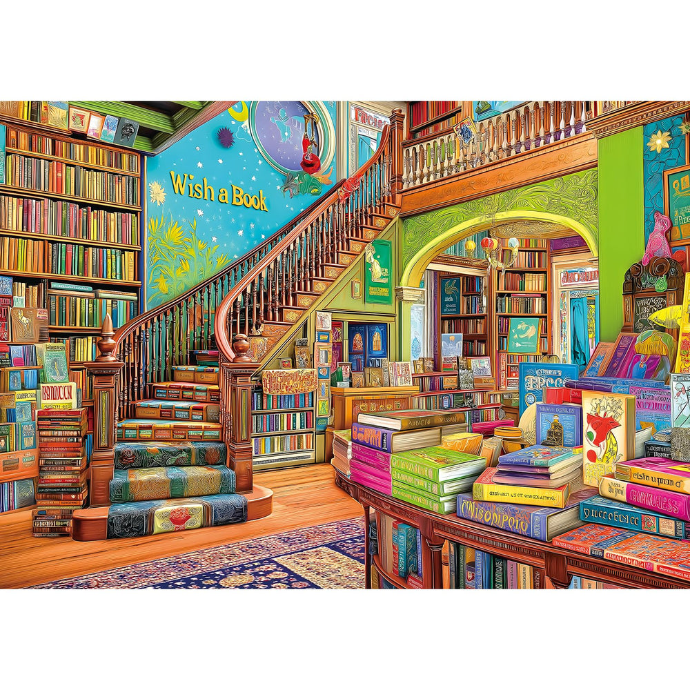 Blueforest fantasy bookstore adventure puzzle cover, captivating 1000-piece experience for adults.