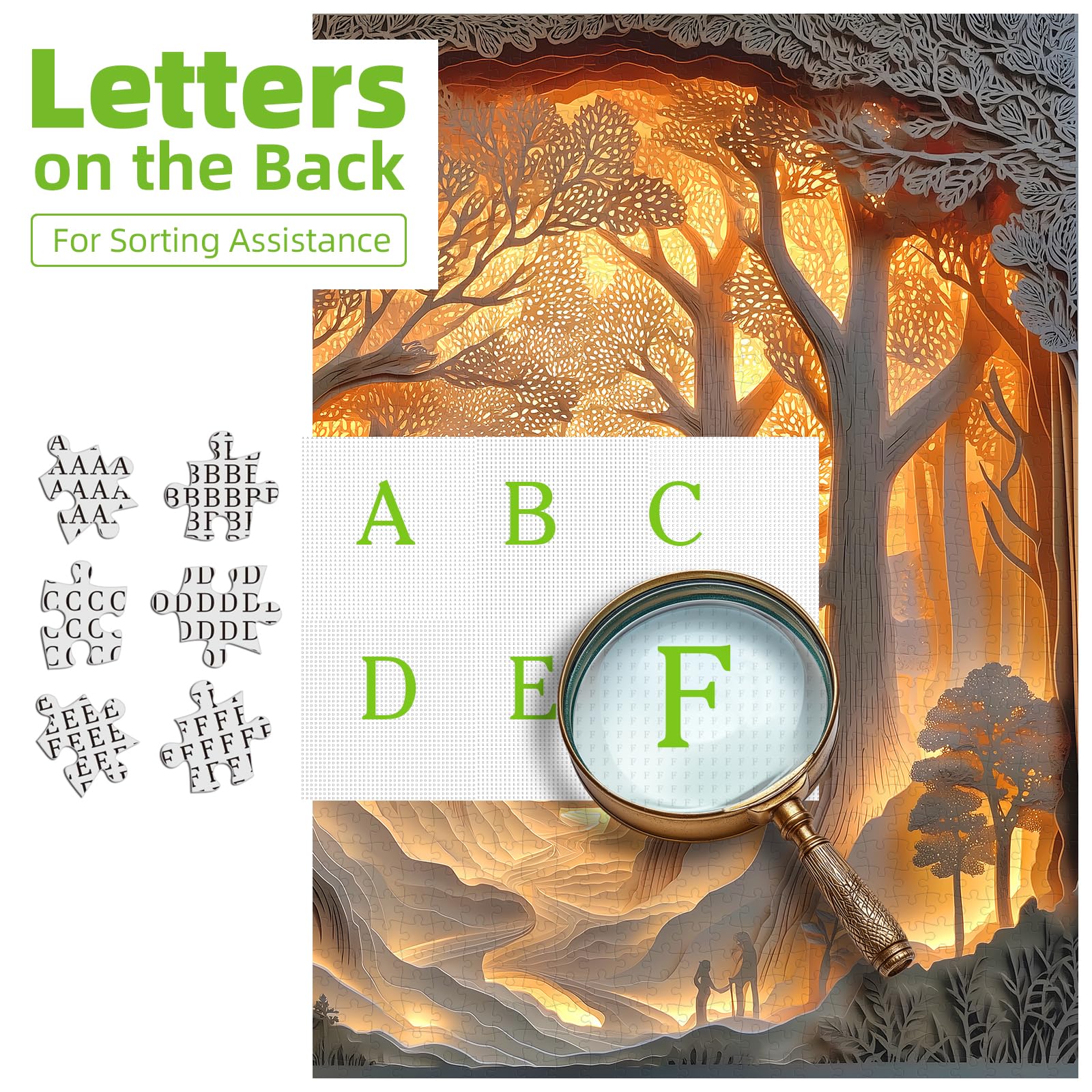 Blueforest Forest Sunset puzzle back with A-F letters aids assembly