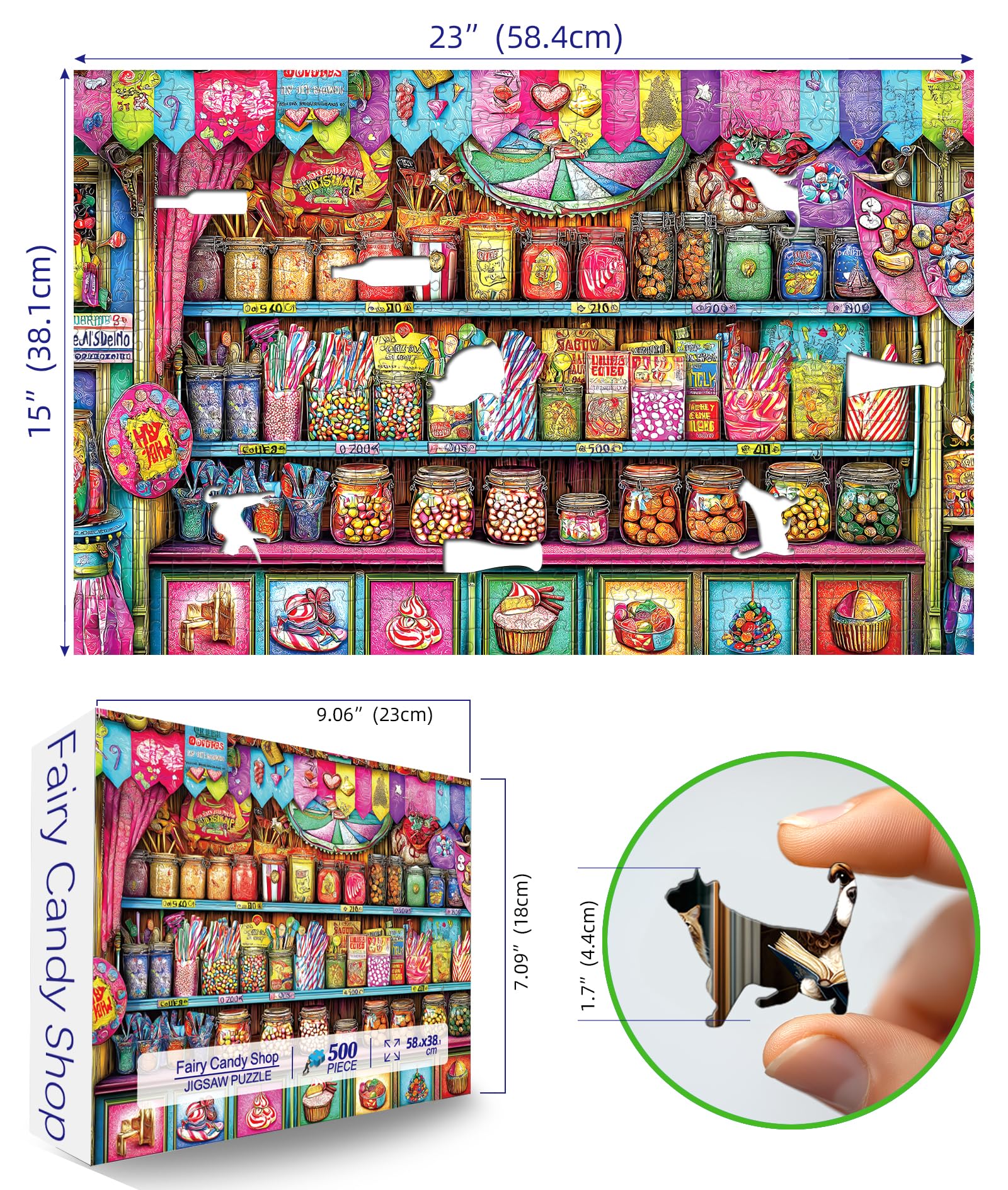 Blueforest glass candy jars scene highlighting colorful sweets and vibrant artwork.