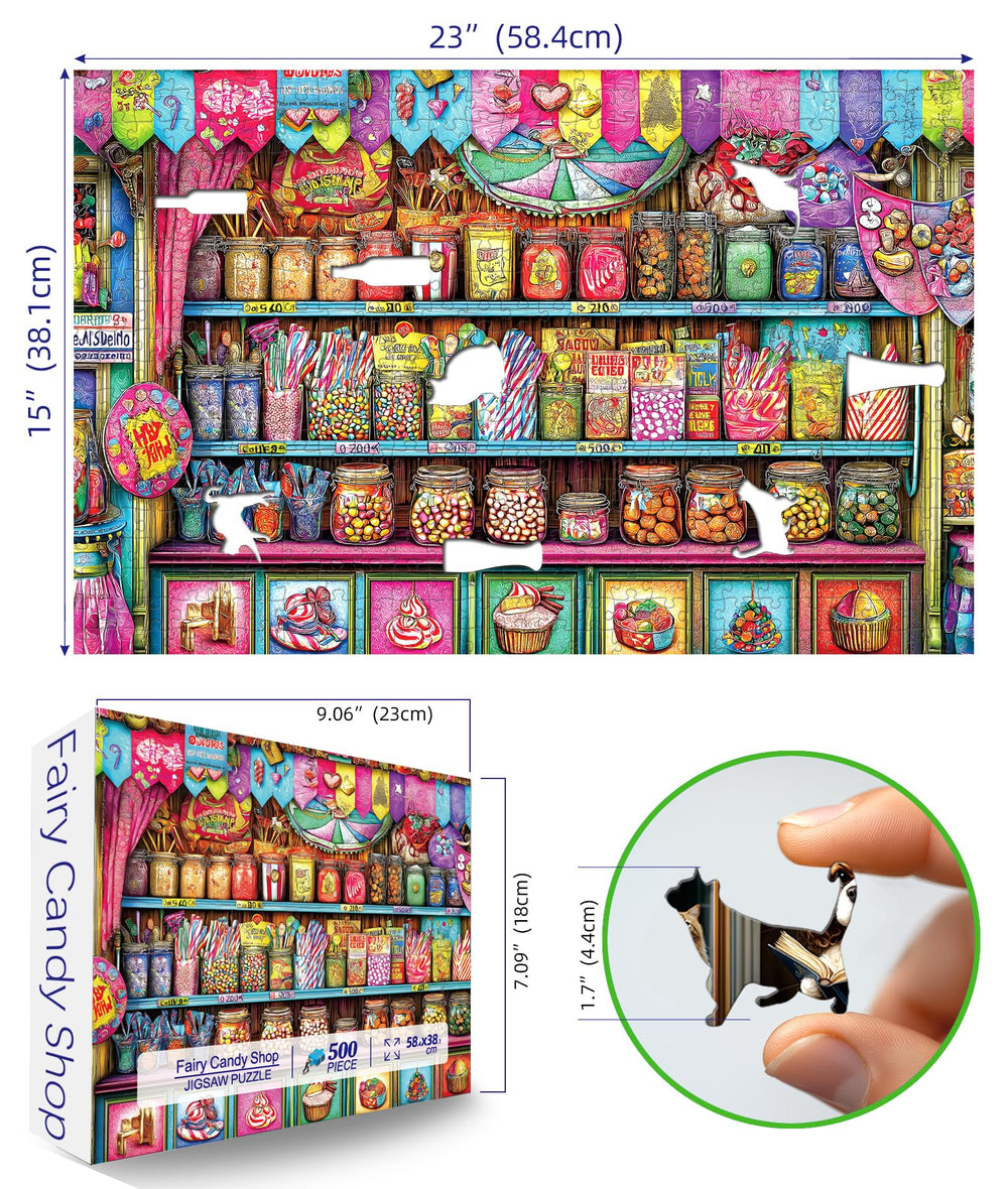 Blueforest glass candy jars scene highlighting colorful sweets and vibrant artwork.