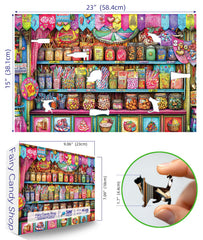Blueforest glass candy jars scene highlighting colorful sweets and vibrant artwork.