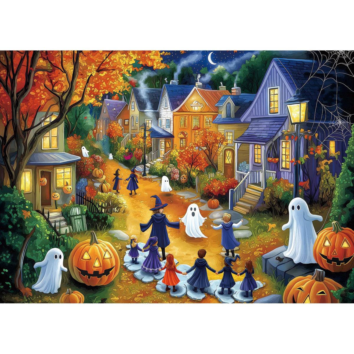 Blueforest Halloween 1000-piece puzzle featuring pumpkins and ghosts for family game night.