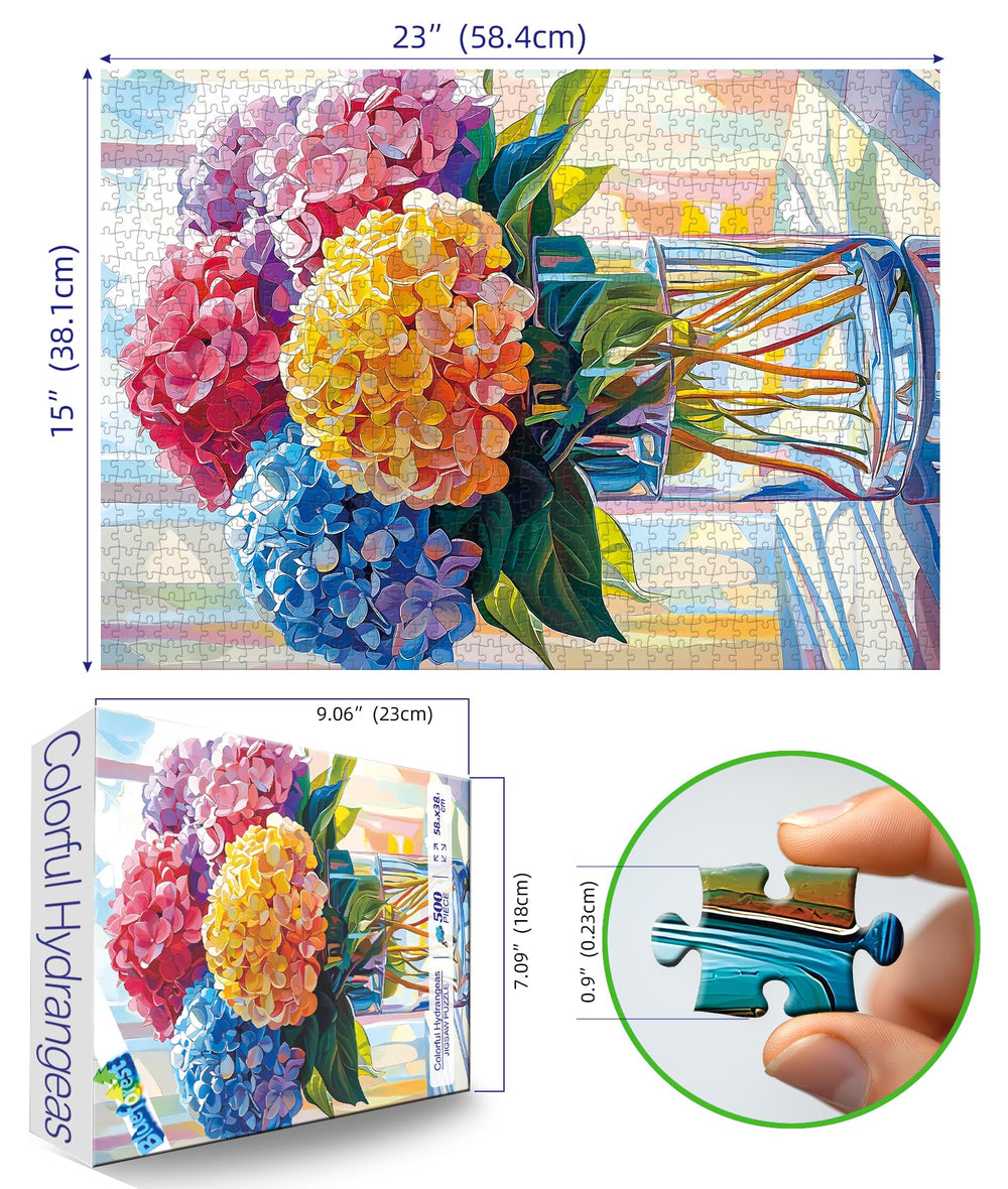 Blueforest hydrangeas puzzle features high-definition printing for vivid floral details.