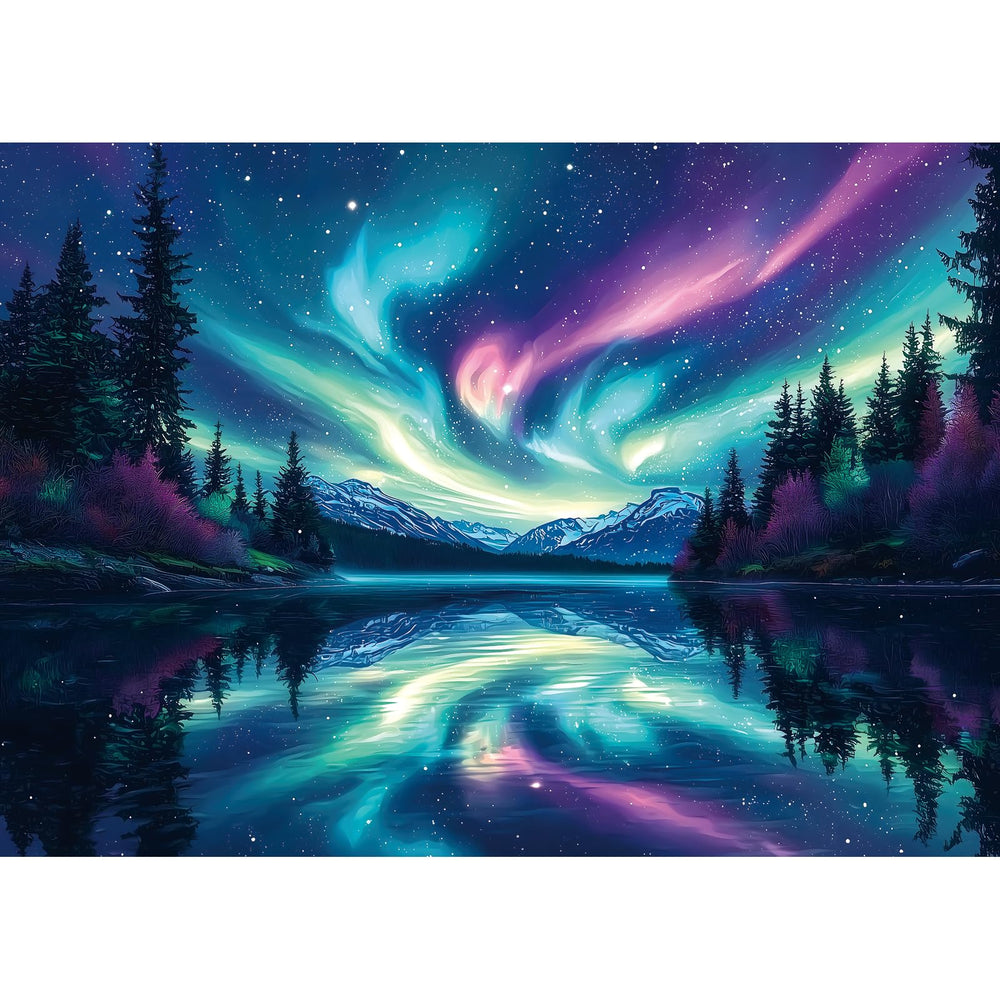 Blueforest lake water arctic aurora puzzle image inspires calm focus for adults.