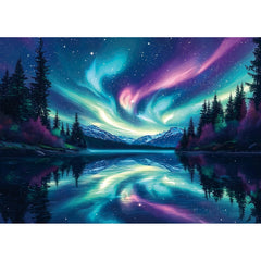 Blueforest lake water arctic aurora puzzle image inspires calm focus for adults.