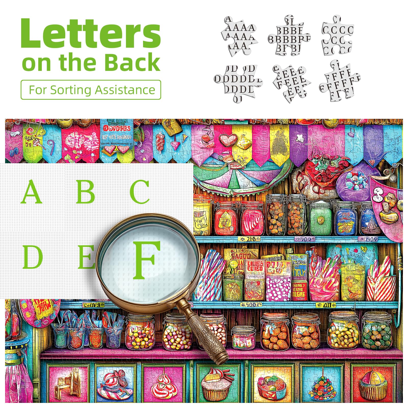 Blueforest Lollipop and gumdrop display adds vibrant color to puzzle art.