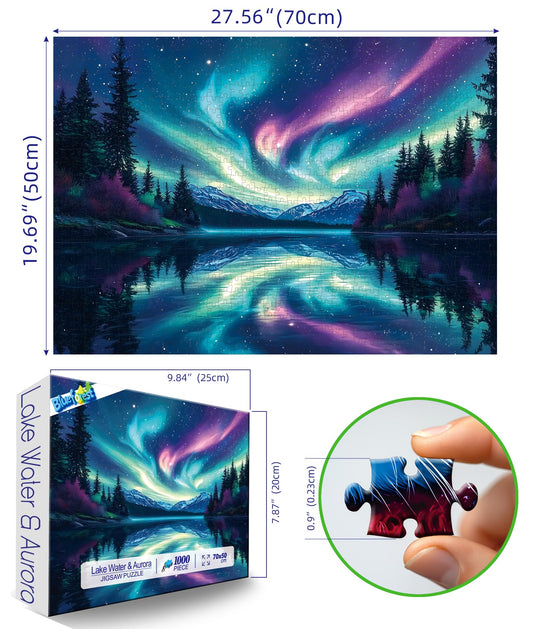 Blueforest northern lights lake puzzle captures serene nightscape for mindful relaxation.