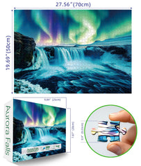 Blueforest Northern Lights Waterfall puzzle: vibrant auroras over ice for family game night.