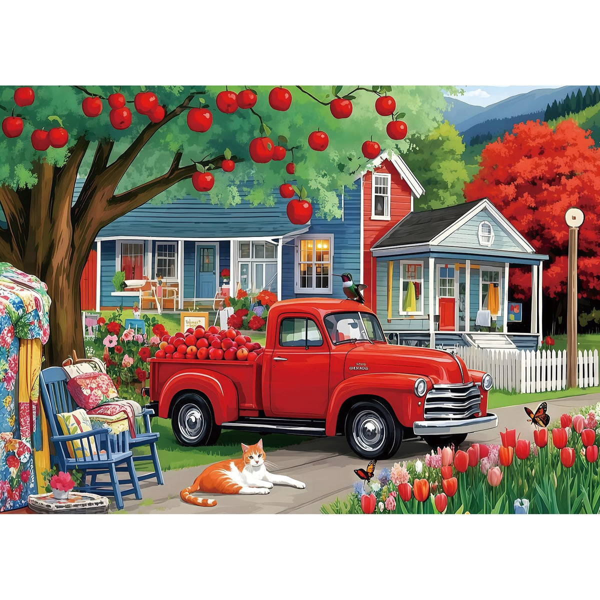 Blueforest Spring Countryside puzzle: red truck with apples, ideal for cozy family evenings.