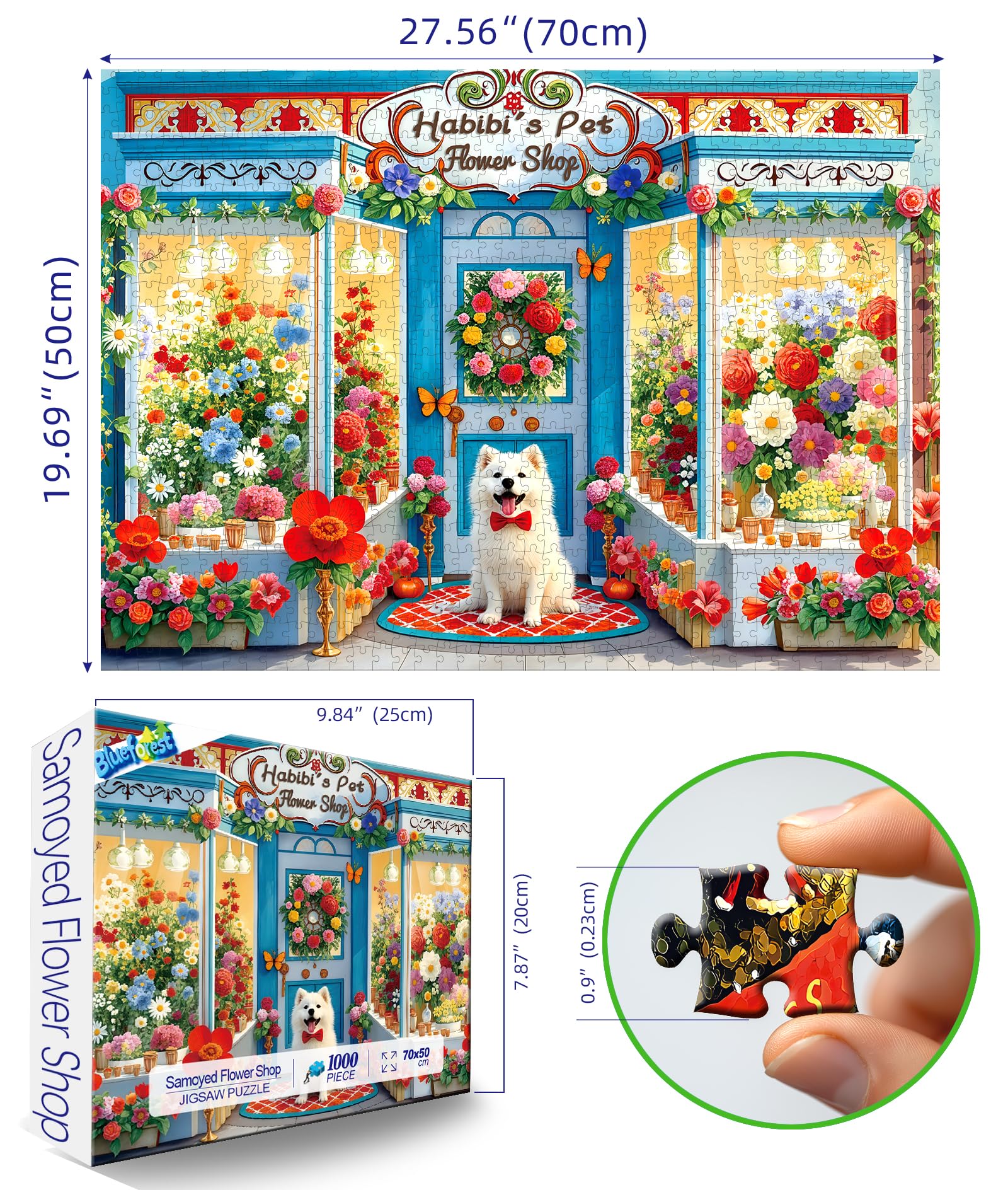 Blueforest Spring Flower Shop puzzle featuring a fluffy white dog for cozy sessions