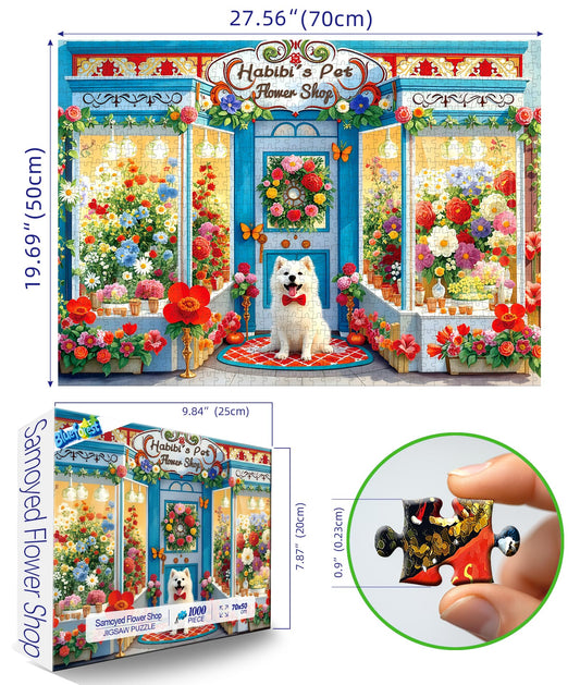 Blueforest Spring Flower Shop puzzle featuring a fluffy white dog for cozy sessions