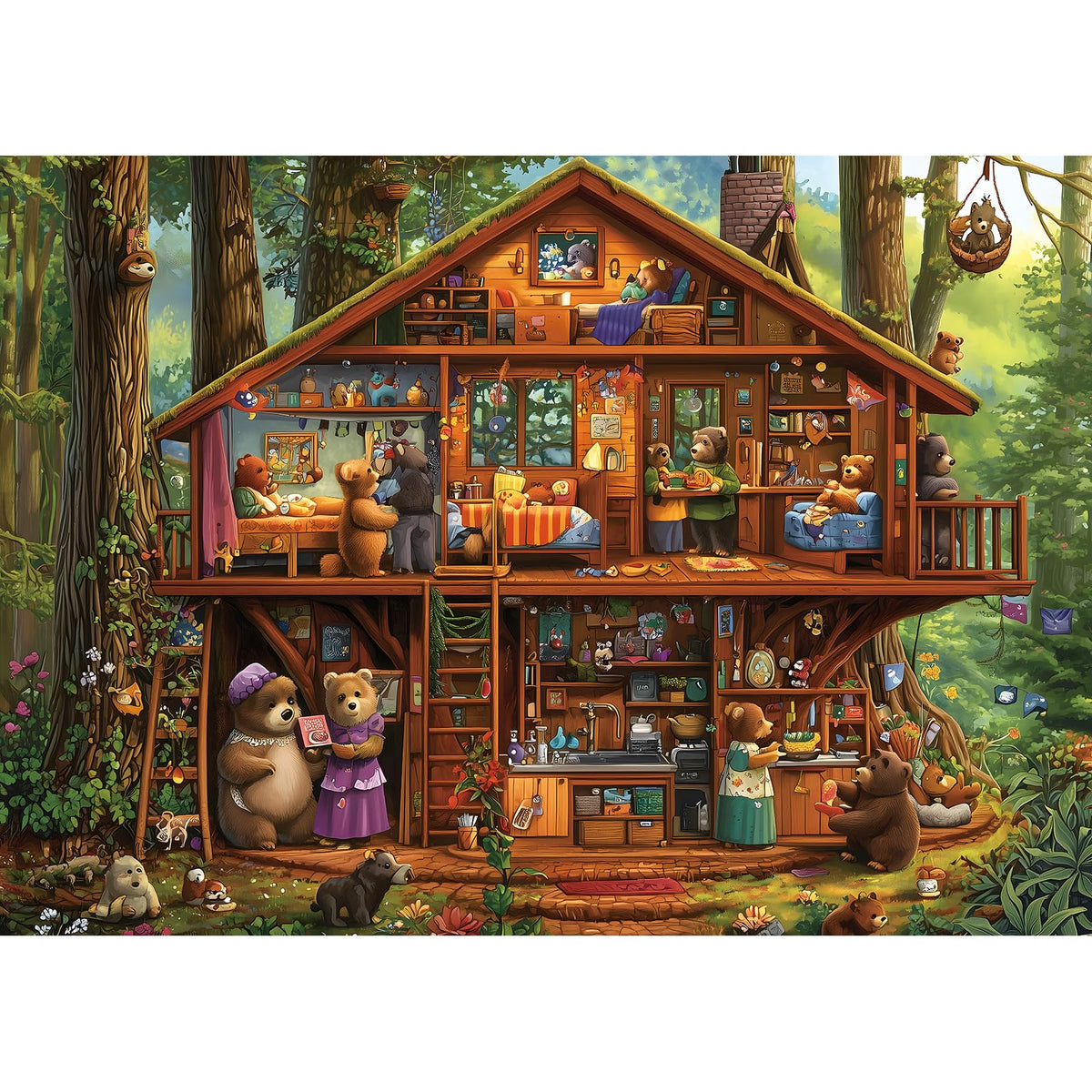 Blueforest 1000-piece treehouse bear family puzzle with vibrant forest detail for mindful focus.