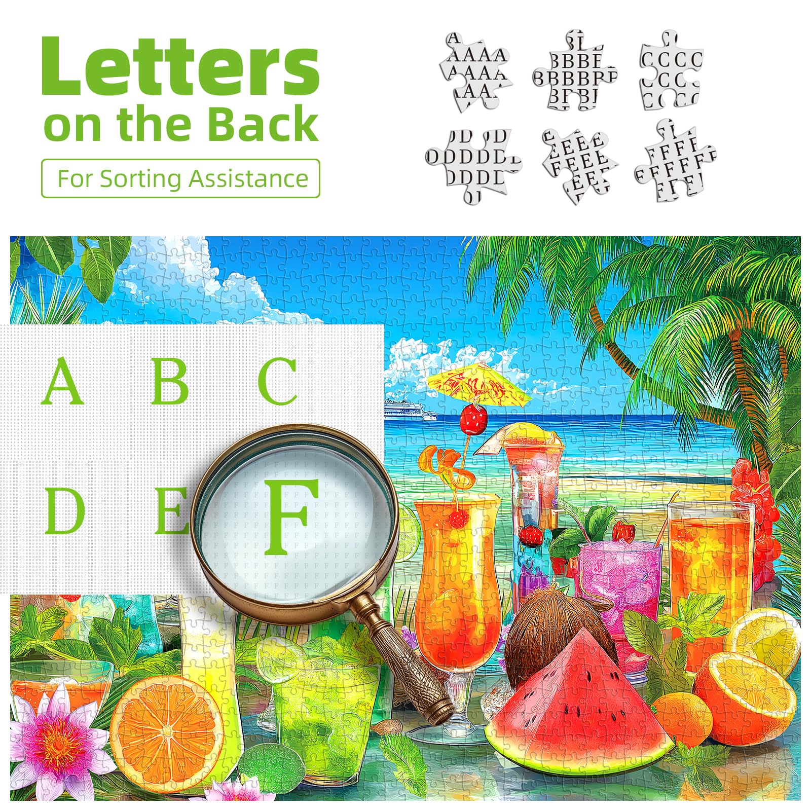 Blueforest Tropical Paradise puzzle back with A-F letters for easy sorting.