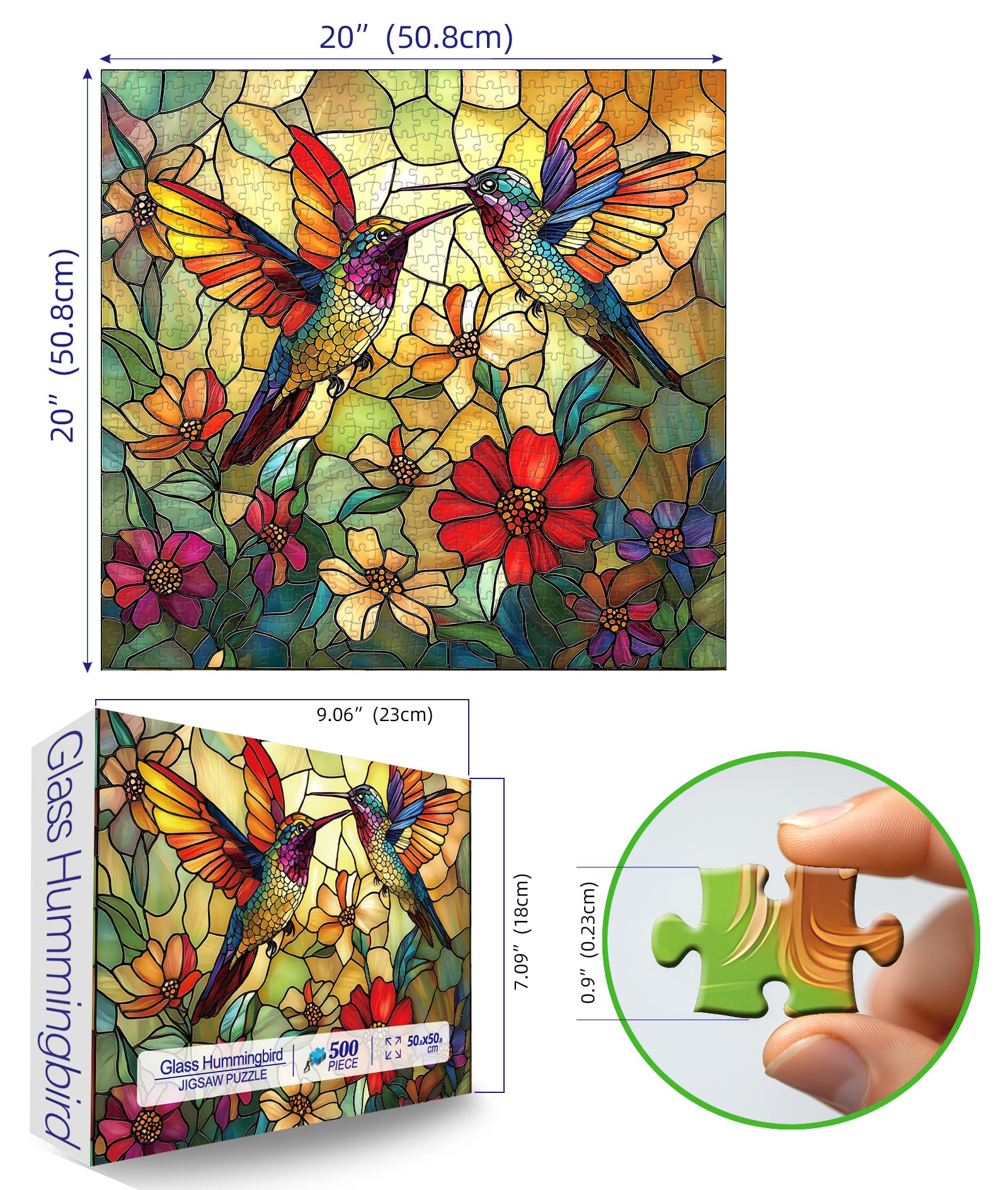 Blueforest Vintage Paint Hummingbird Flower puzzle pieces close-up showing vivid iridescent colors.
