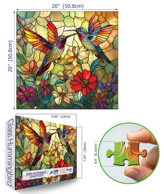 Blueforest Vintage Paint Hummingbird Flower puzzle pieces close-up showing vivid iridescent colors.