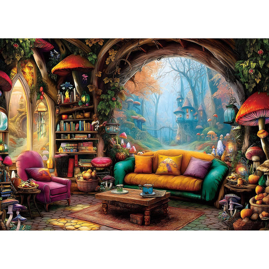 Blueforest 1000-piece puzzle with whimsical forest living room scene for immersive solo or family time
