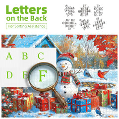Blueforest puzzle scene with blue shed aids peaceful winter breaks.