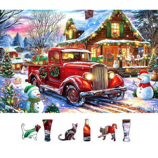 Blueforest winter wonderland puzzle featuring a vintage truck for cozy family game night