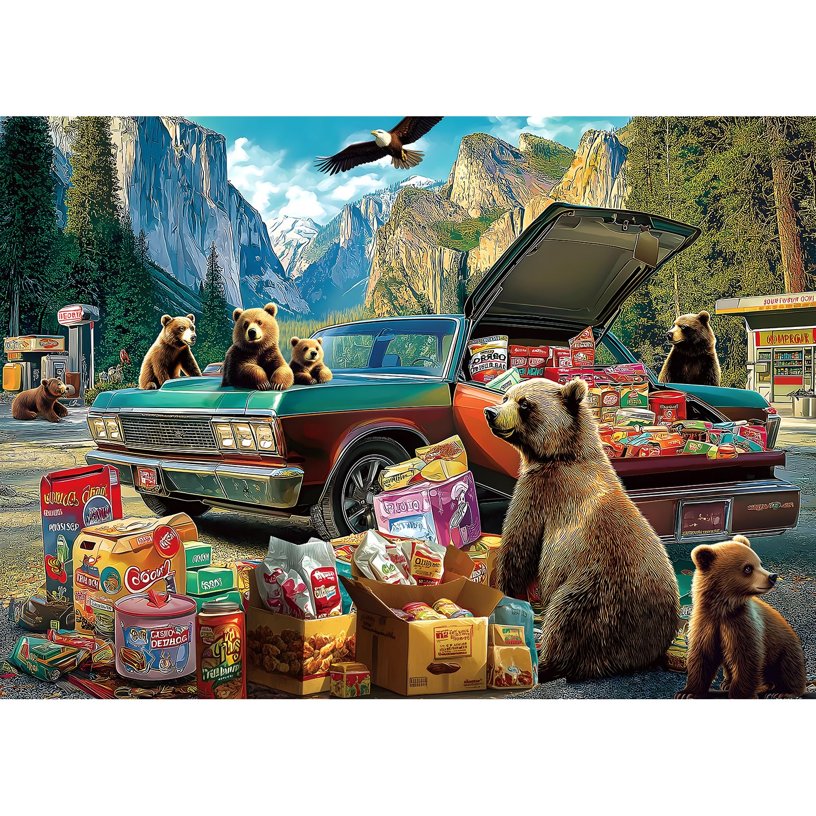 Blueforest Yosemite Bears Puzzle cover with rugged cliffs for family puzzle nights