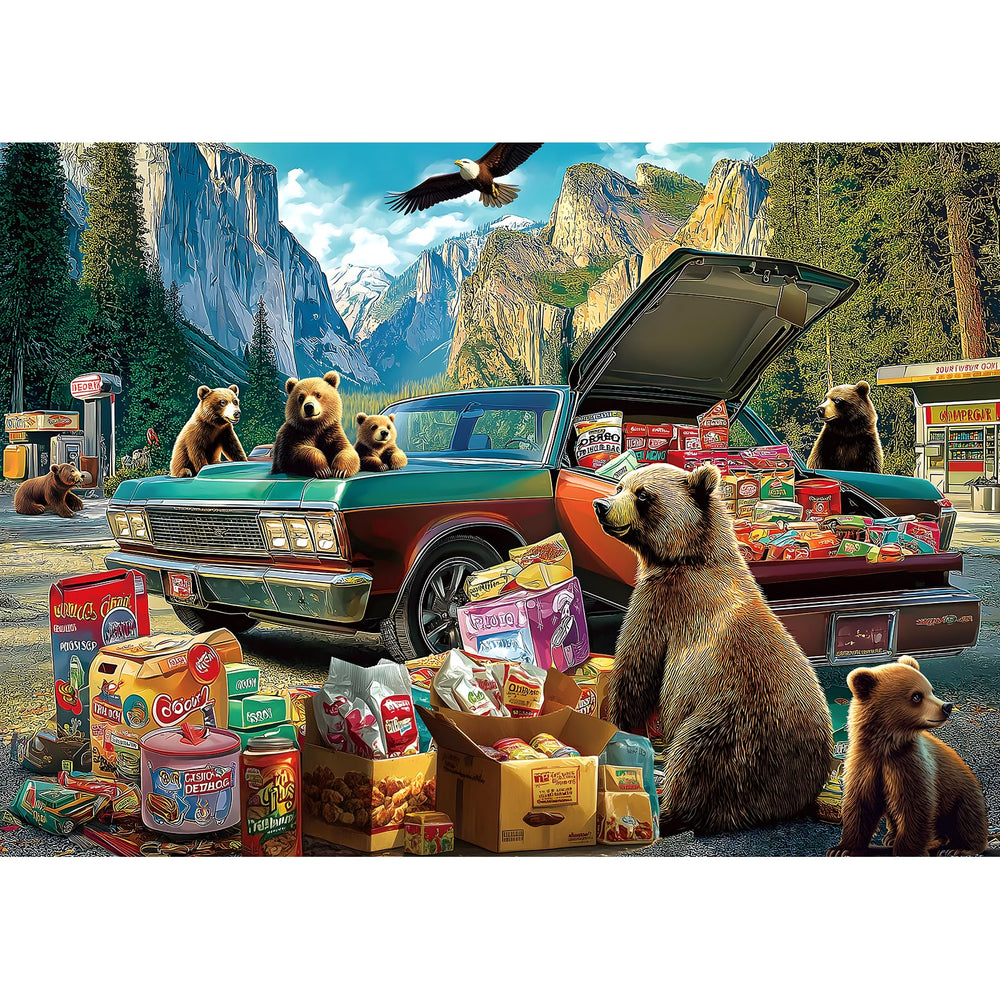 Blueforest Yosemite Bears Puzzle cover with rugged cliffs for family puzzle nights
