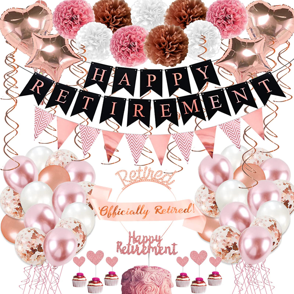 Bluegogo rose gold retirement banner enhances cohesive decor.