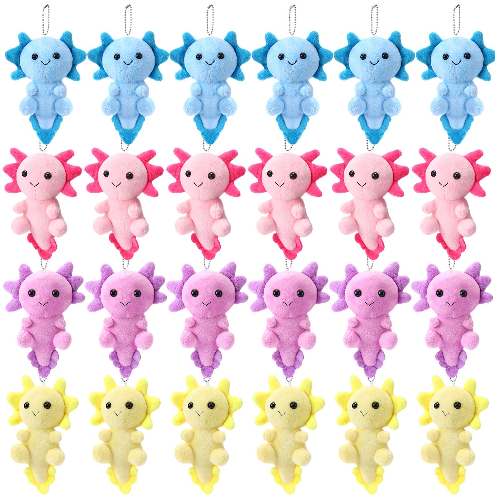 Blueweenly axolotl keychain set in multicolor display, ideal for party favors.