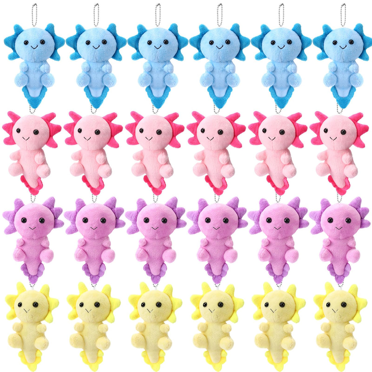 Blueweenly axolotl keychain set in multicolor display, ideal for party favors.