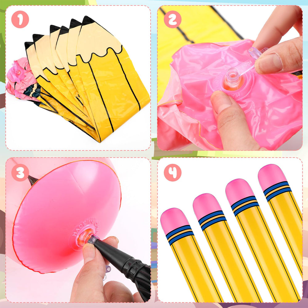 Blueweenly giant inflatable pencils on classroom display setup for visual impact
