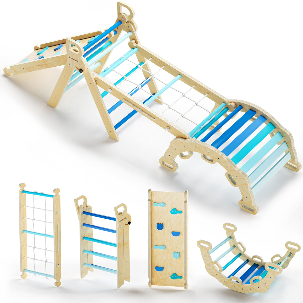 BlueWood 8-in-1 Pikler triangle assembly shows sturdy beech wood for safe, engaging play.