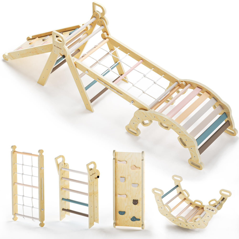 BlueWood 8-in-1 Pikler triangle assembled for versatile indoor play supporting balance and coordination.