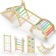 BlueWood 8-in-1 Pikler triangle rainbow setup invites imaginative play and safe exploration.